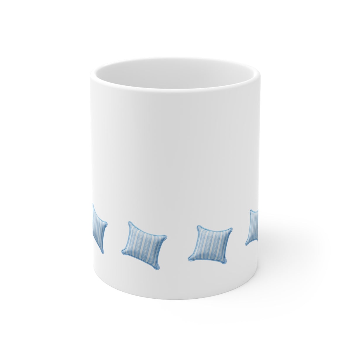 Front view of white ceramic mug with pale blue and white striped cushion design, 11oz size