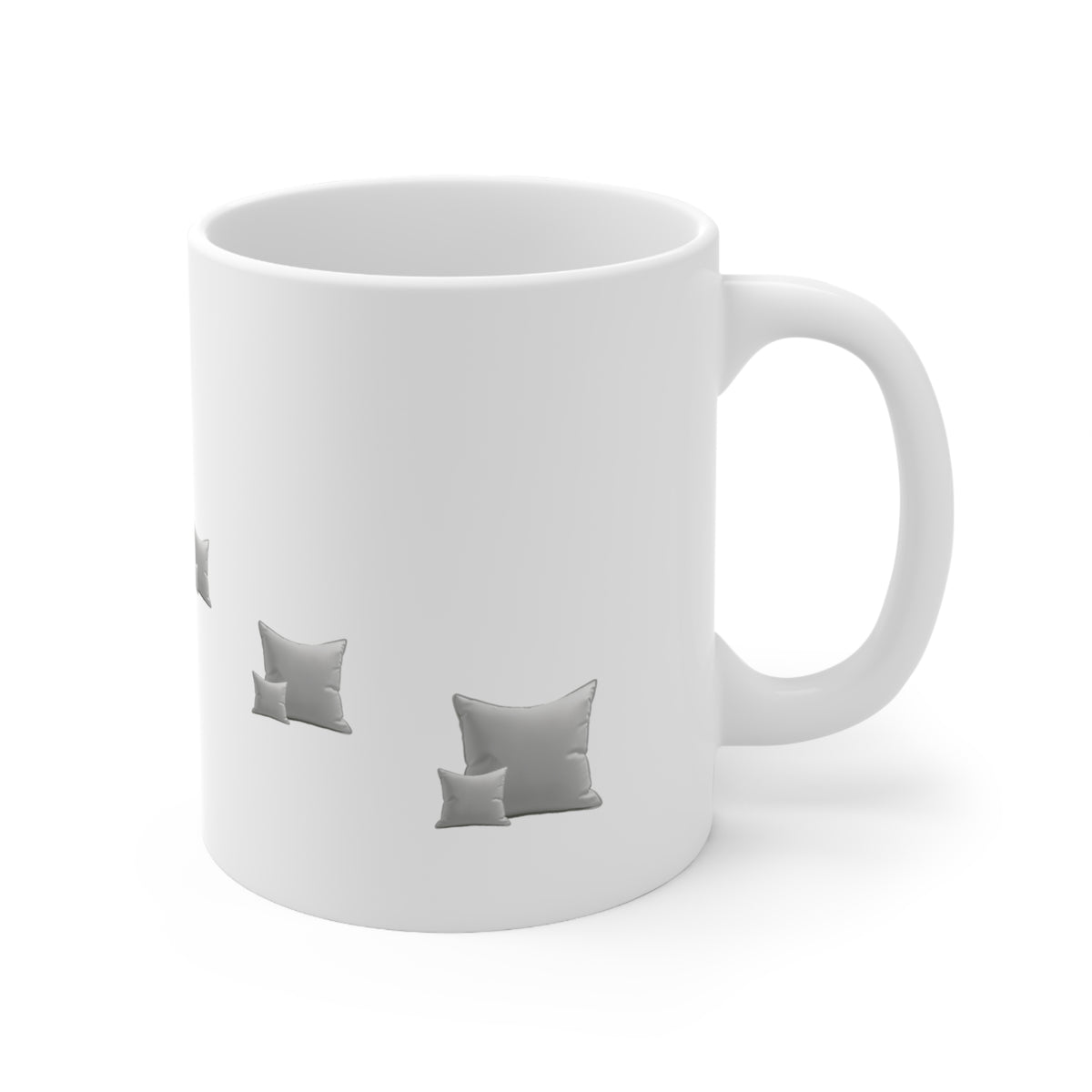 Right side view of white mug decorated with grey throw pillow cushions, 11oz size, showing handle