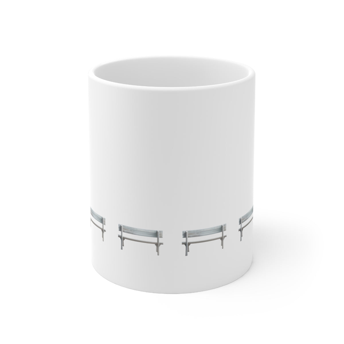 Front view of white ceramic mug with wooden bench design, 11oz size
