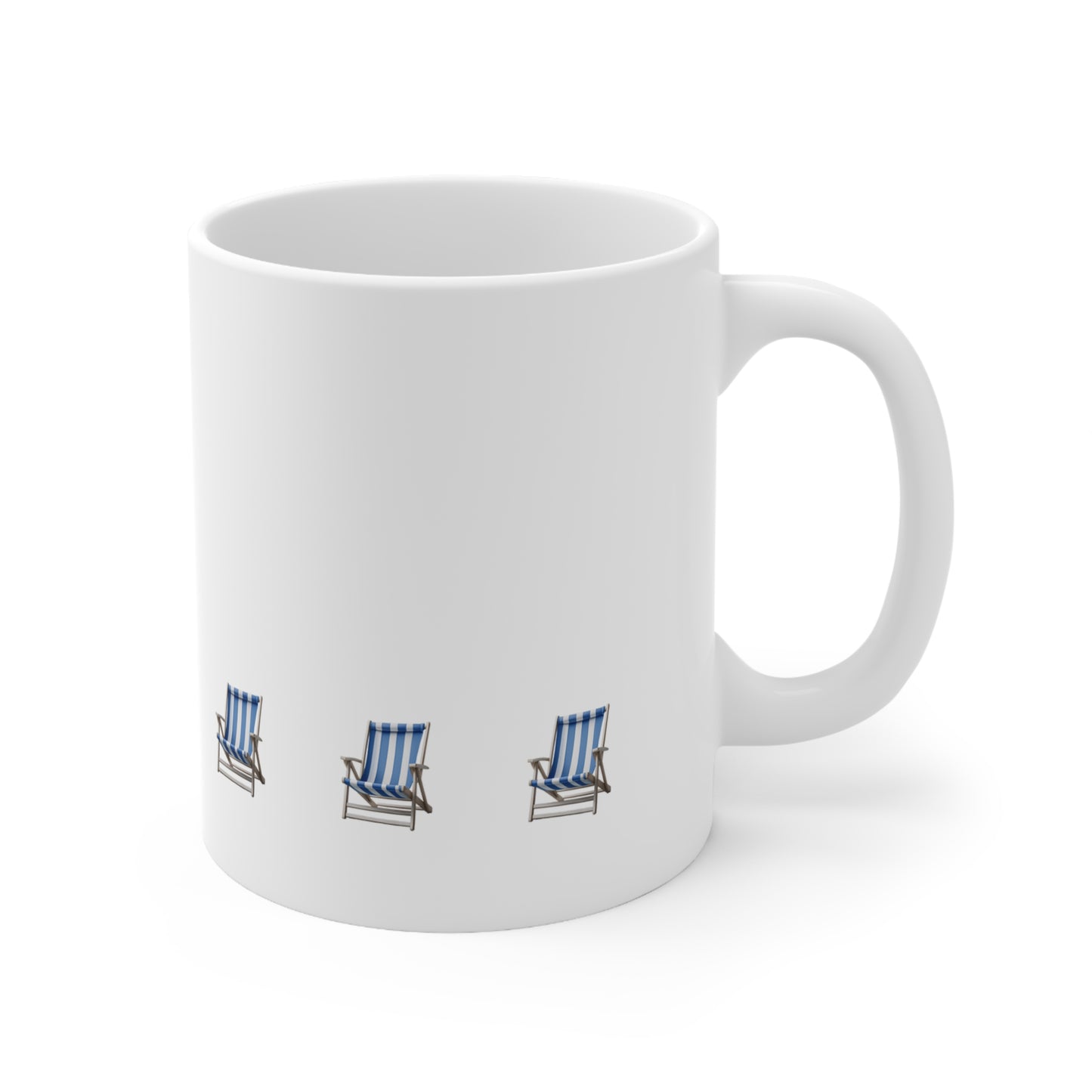 Right side view of white ceramic blue beach chair mug, 11oz size, showing handle