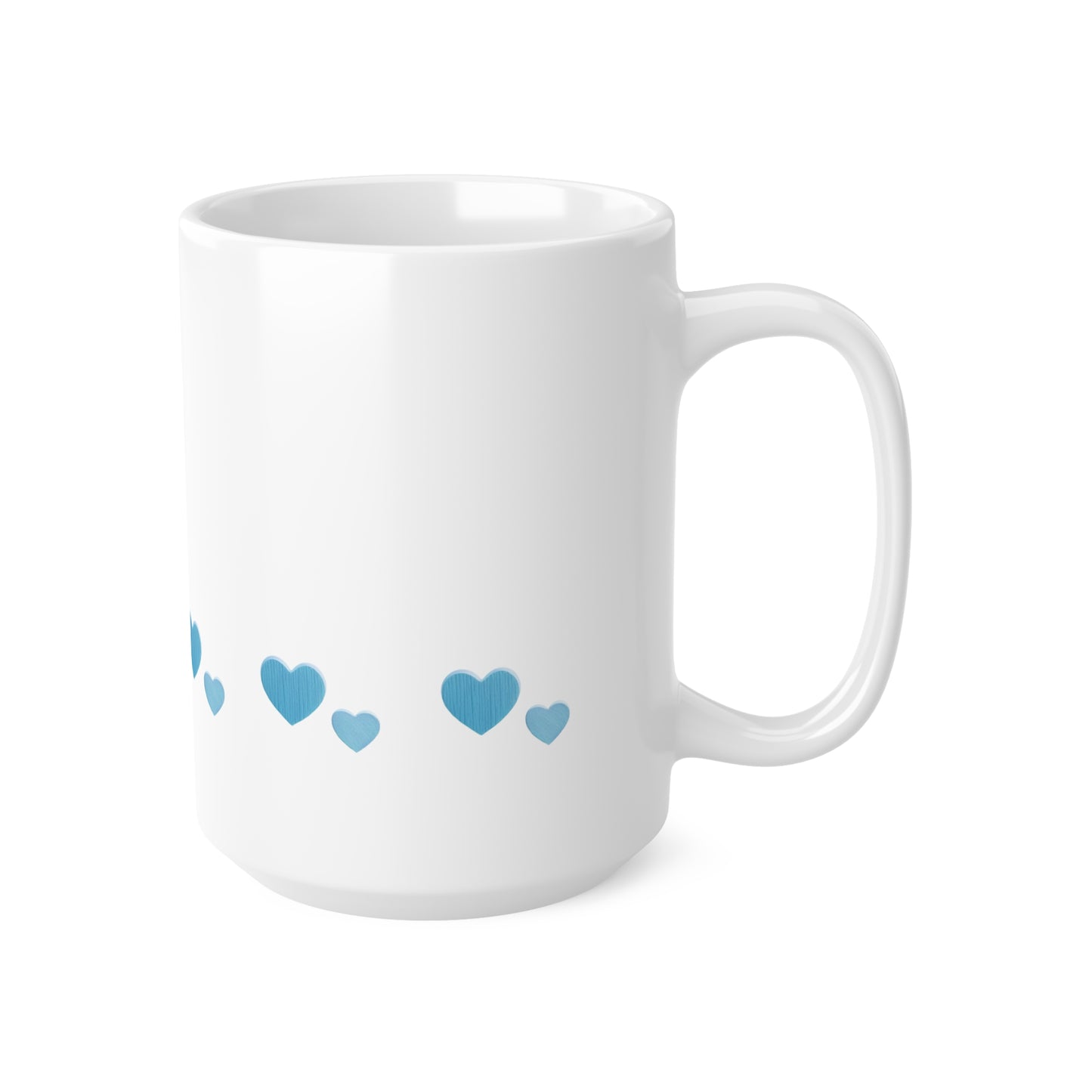 Right side view of white ceramic blue heart mug, 15oz size, showing handle