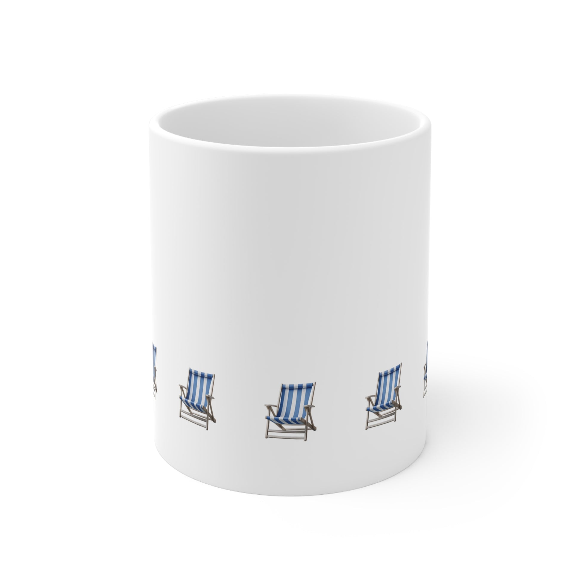 Front view of white ceramic mug with blue beach chair design, 11oz size