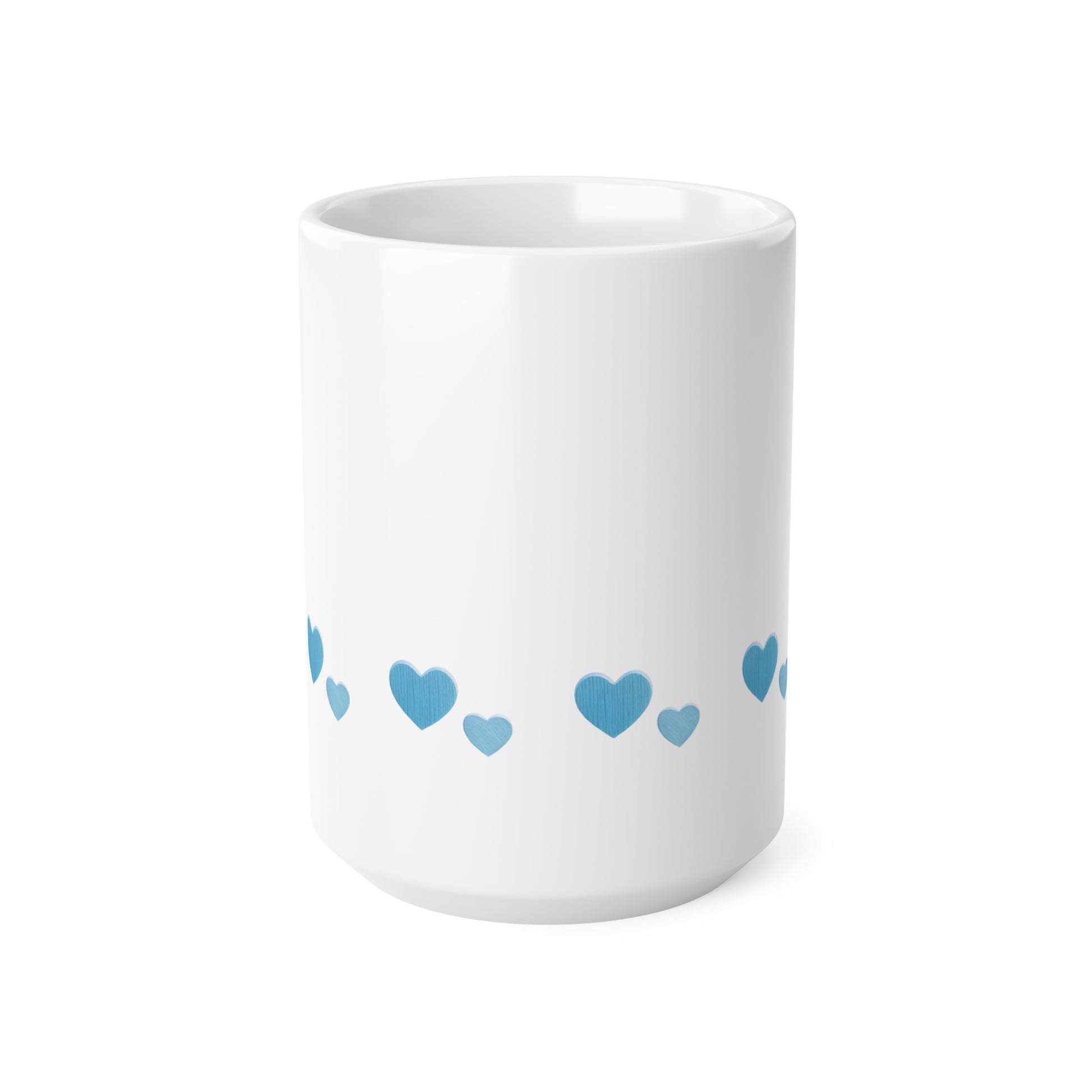 Front view of white ceramic mug with blue heart design, 15oz size