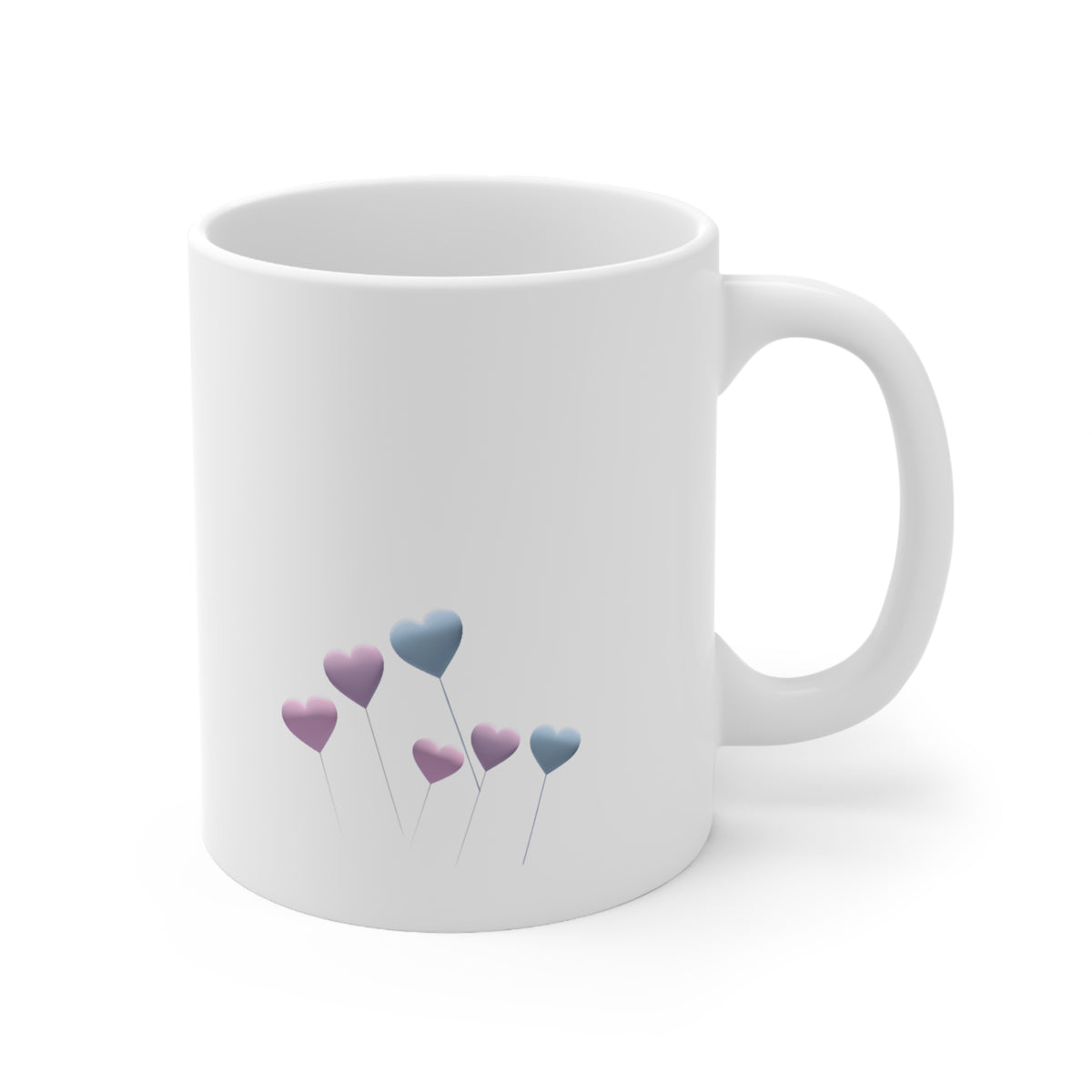 Right side view of white ceramic pastel heart mug, 11oz size, showing handle