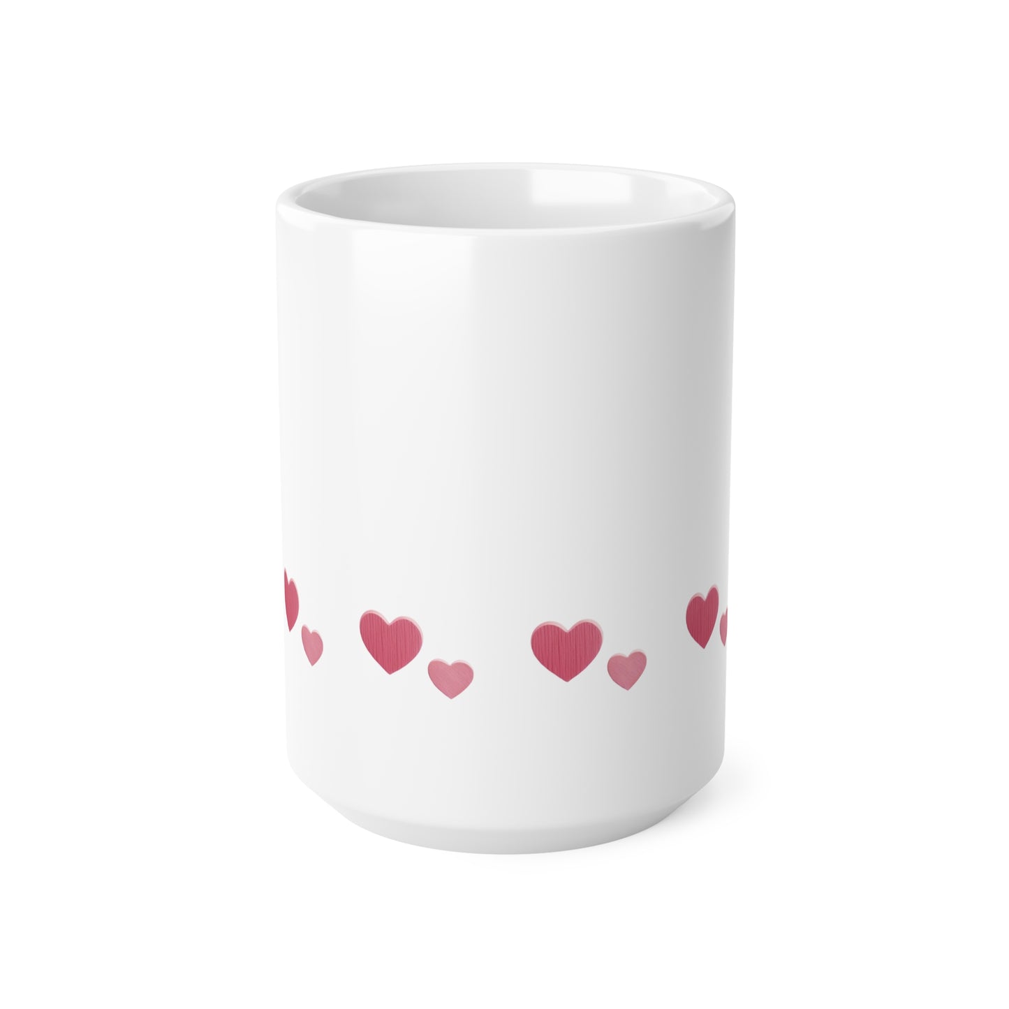 Front view of white ceramic mug with red heart design, 15oz size