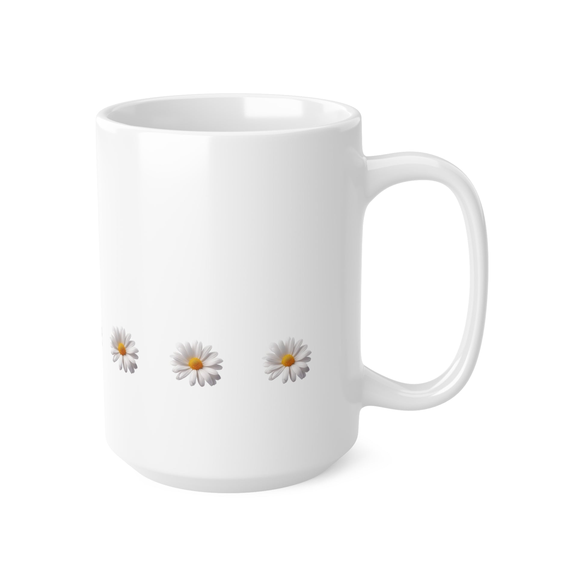 Right side view of white ceramic daisy mug, 15oz size, showing handle 