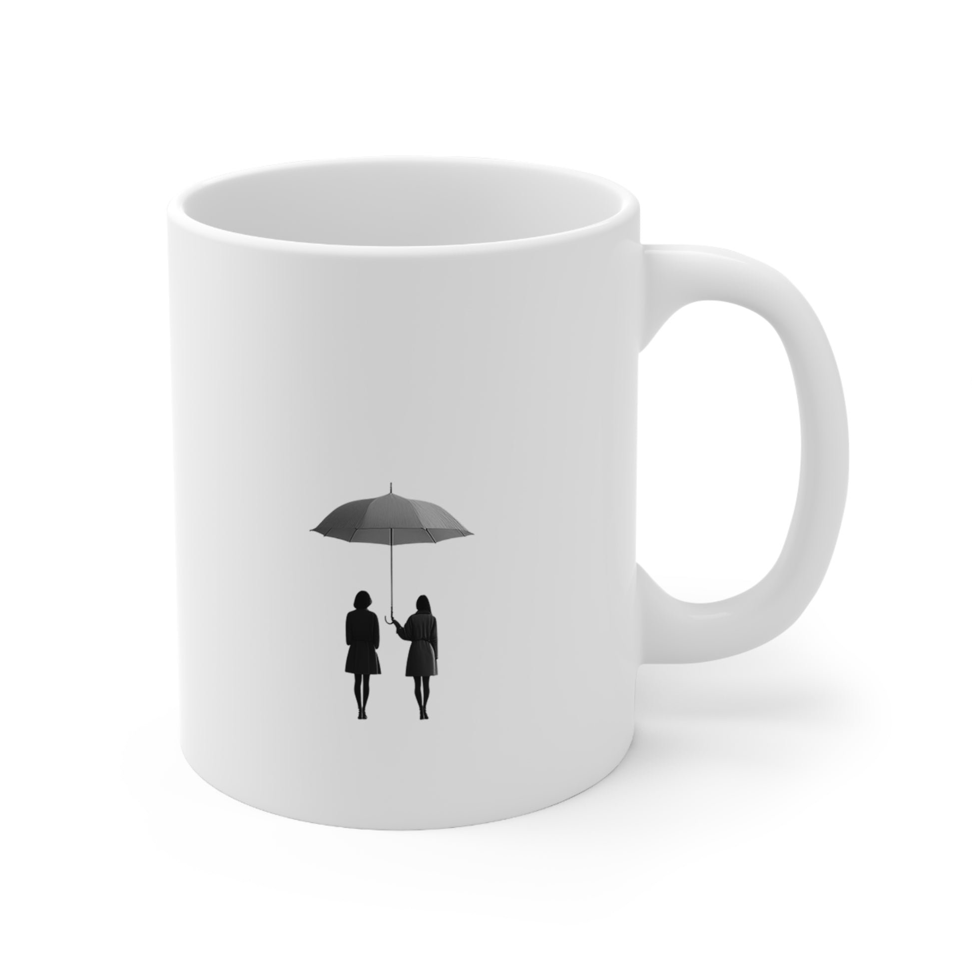 Right side view of black and white ceramic line art mug, 11oz size, showing handle