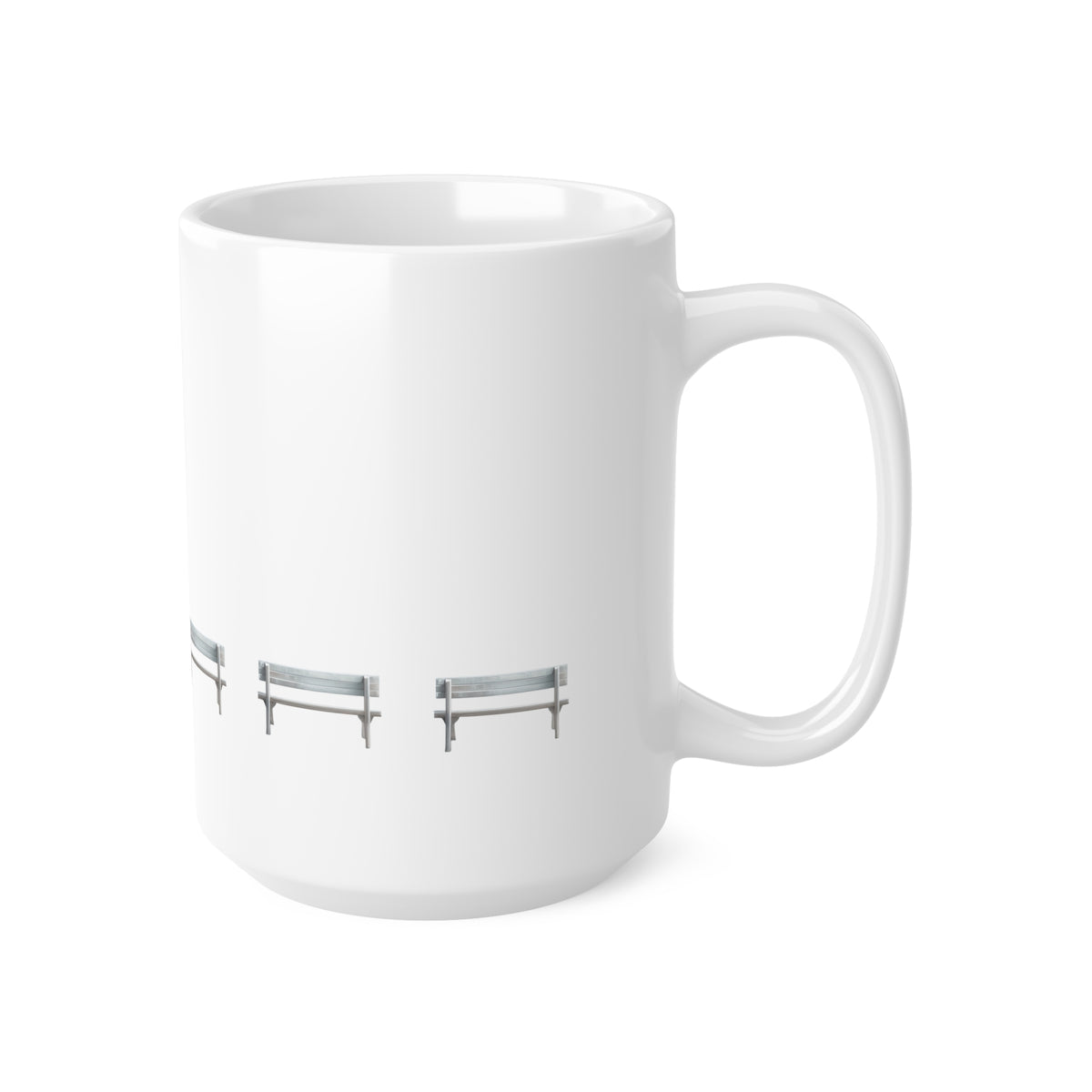 Right side view of white ceramic wooden bench mug, 15oz size, showing handle