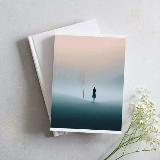 Pink, blue and black minimalist figure looking at solitary tree aesthetic A5 journal, styled stacked on another book with wild flower.