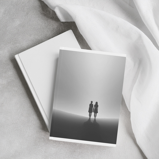 Black and white minimalist figures walking together aesthetic A5 journal, styled stacked on another book with linen.