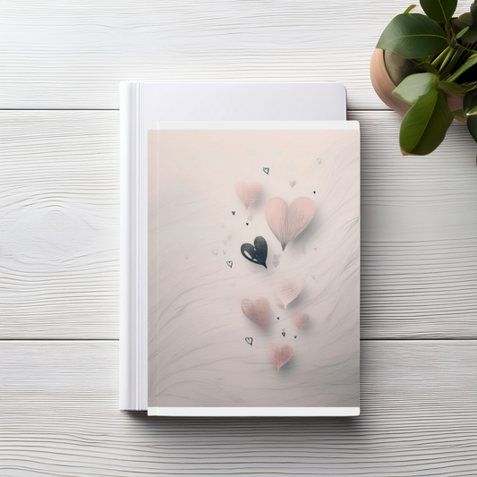 Pale pink grey and black design of whimsical hearts aesthetic A5 journal, styled on wooden table with plant