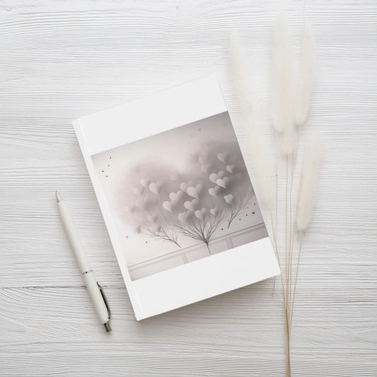 Pale pink grey and white design of whimsical hearts aesthetic A5 journal, styled with pen on wooden table