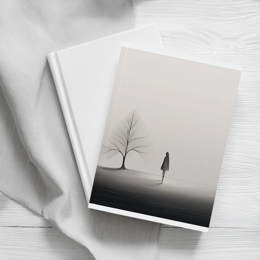 Black and white, woman looking at solitary tree minimalist aesthetic A5 journal, styled stacked on book with linen