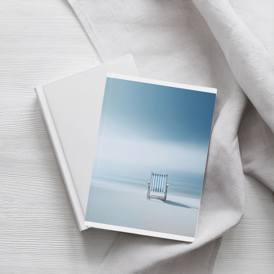 Blue beach chair coastal aesthetic A5 journal styled on a wooden table with linen
