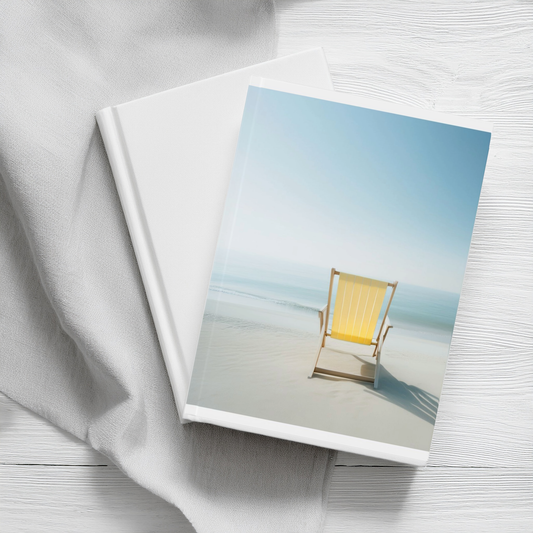 Yellow beach chair coastal aesthetic A5 journal styled on a wooden table with linen