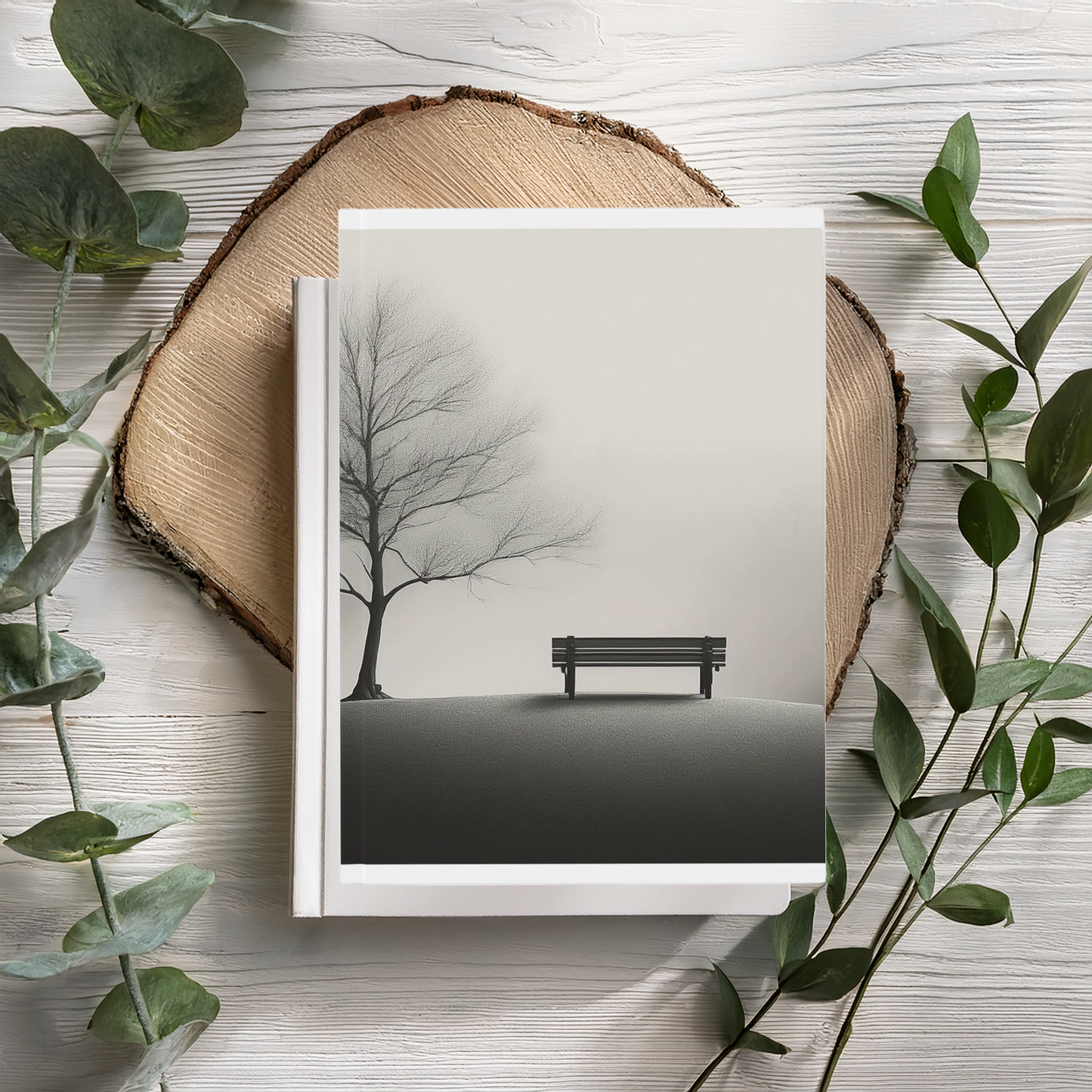 Monochrome Nature A5 Journal – Solitary Tree & Bench Hardcover Notebook