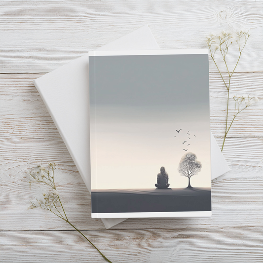 Greyscale, woman sitting on ground looking at tree and birds in distance, aesthetic A5 journal, styled stacked on book with small wild flowers