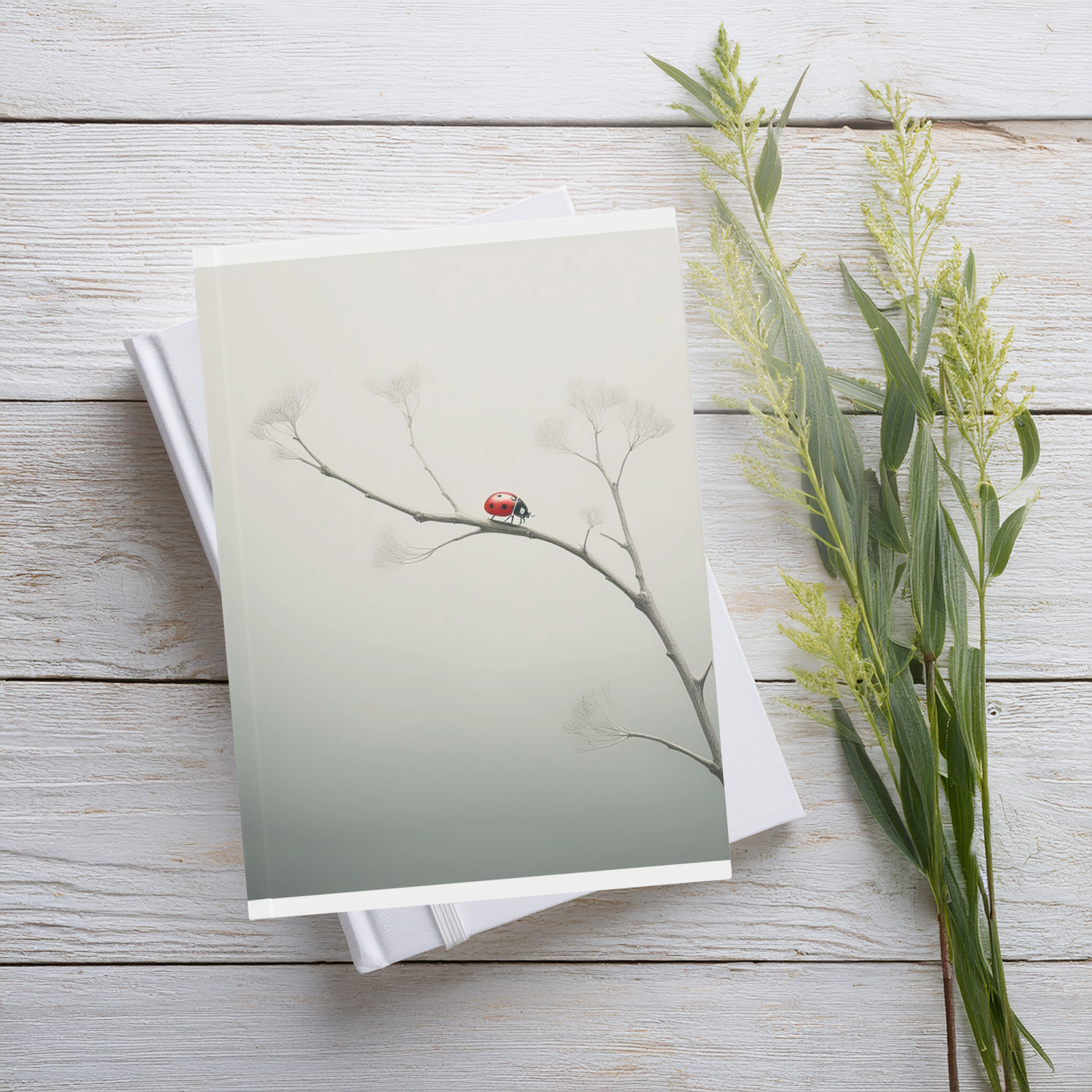 Red ladybird on branch aesthetic A5 journal with greyscale background styled on a summer themed wooden table