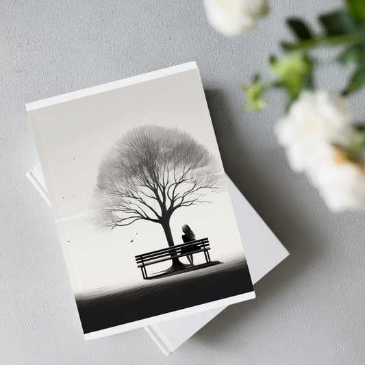 Black and white, woman sitting on bench looking at tree aesthetic A5 journal, styled stacked on book with flowers