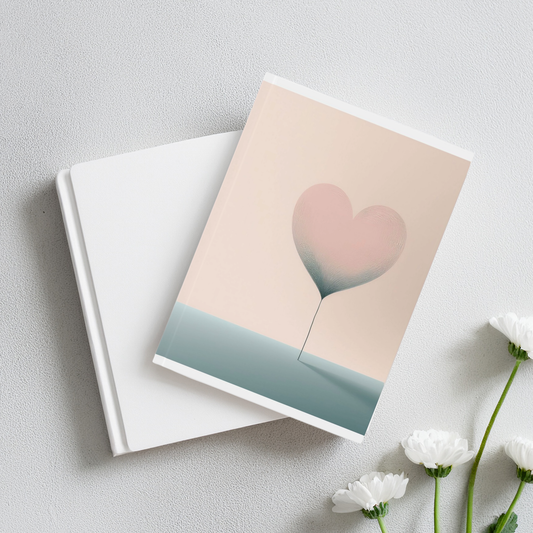 Pink and blue floating heart aesthetic A5 journal, styled stacked on book on cement surface with white flowers