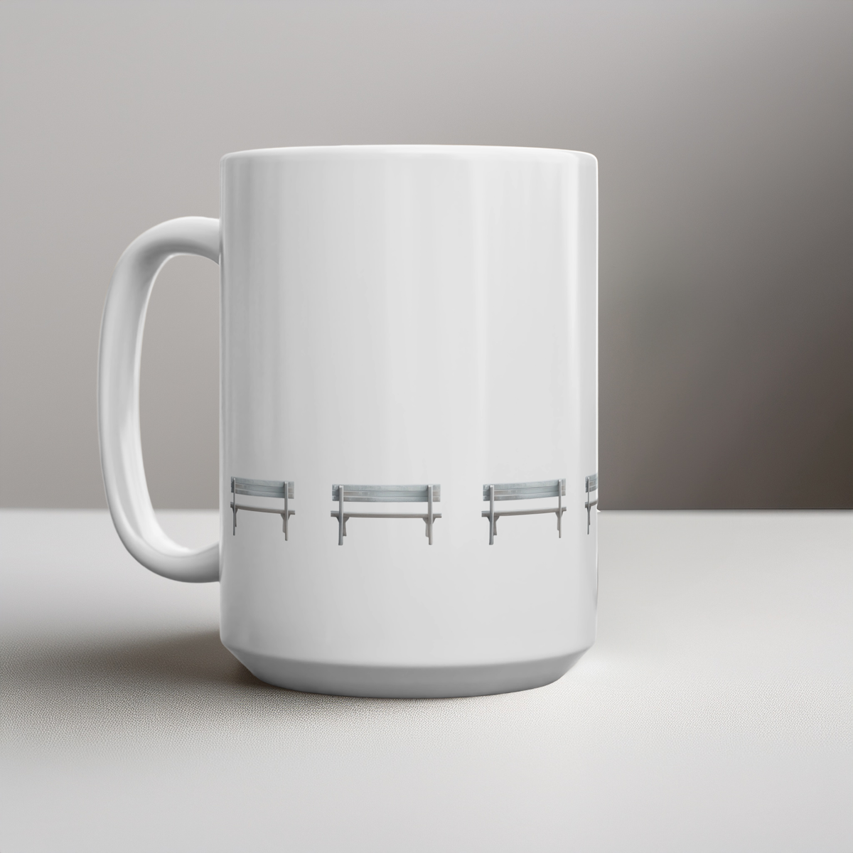 15oz white ceramic mug with grey wooden bench design on a cement style surface