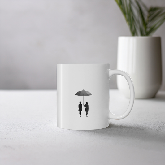 White ceramic mug with black line art illustration of two friends under an umbrella. The mug sits on a cement style surface with small plant pot behind it.